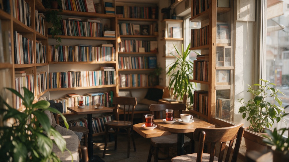 Kitaplarla dolu küçük bir kafe